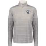 The EMB Augusta Women's Nations of Rugby Scotland Pursuit 1/4 Zip Pullover features light gray long sleeves, subtle stripes, moisture-wicking fabric, and a "Scotland Rugby" logo on the left chest.
