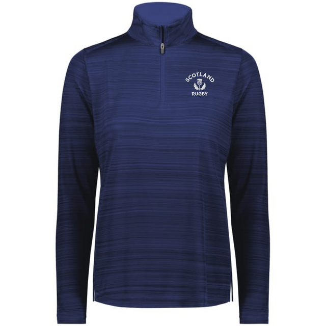 The EMB Augusta Women's Nations of Rugby Scotland Pursuit 1/4 Zip Pullover is navy blue, features "Scotland Rugby" and a thistle emblem on the left chest, and is made from moisture-wicking fabric for all-day comfort.