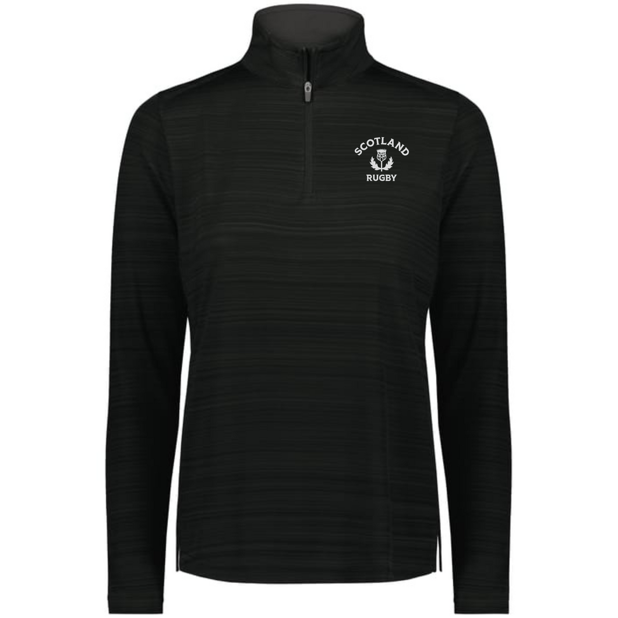 The EMB Augusta Women's Nations of Rugby Scotland Pursuit 1/4 Zip Pullover is a black, moisture-wicking top with "Scotland Rugby" and a thistle logo on the left chest for comfort and style.