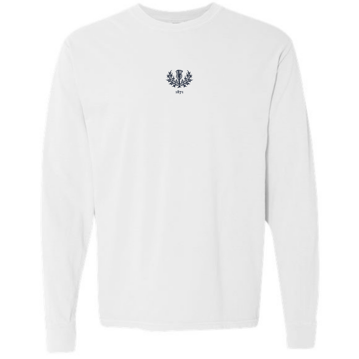 The Scotland Vintage Long Sleeve Comfort Tee by EMB S&S Activewear is a plain white vintage long sleeve with a small dark emblem and "1871" on the chest, reflecting classic Scottish style.