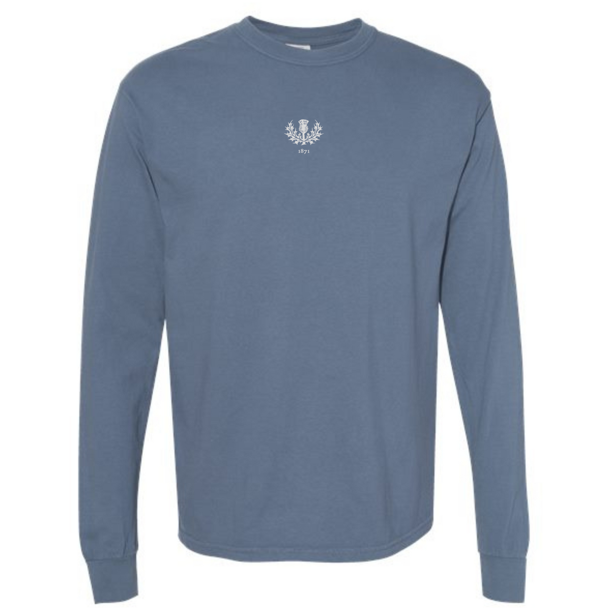 The EMB S&S Activewear Scotland Vintage Long Sleeve Comfort Tee features a blue crewneck design with a small white laurel wreath and "1977" on the upper chest, inspired by classic Scottish style.