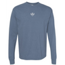 The EMB S&S Activewear Scotland Vintage Long Sleeve Comfort Tee features a blue crewneck design with a small white laurel wreath and "1977" on the upper chest, inspired by classic Scottish style.
