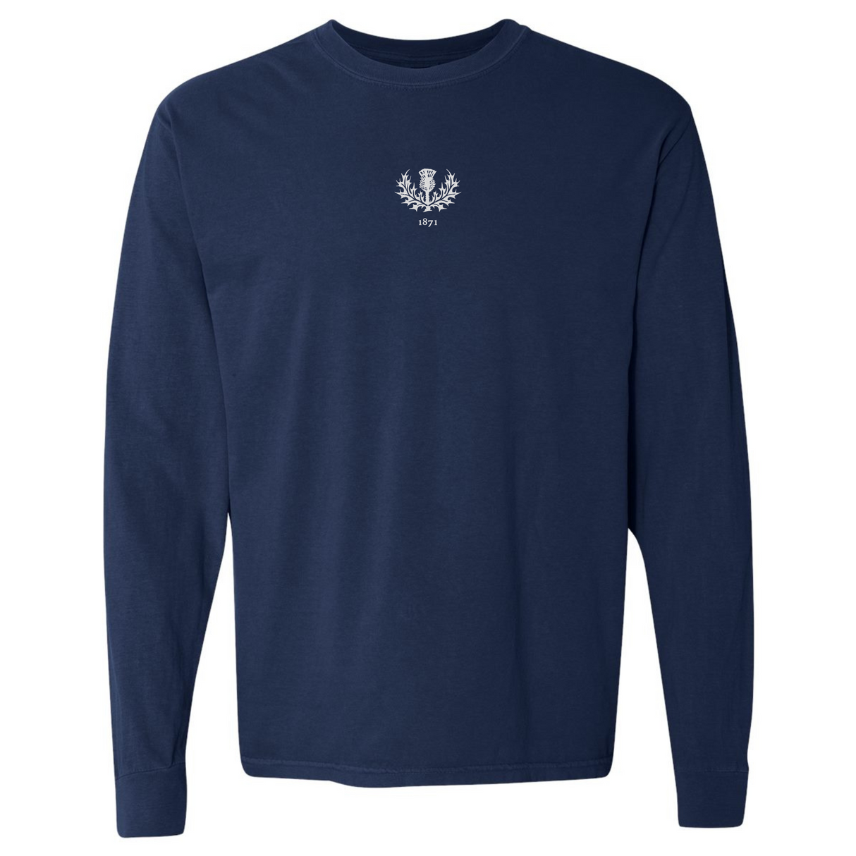 The EMB S&S Activewear Scotland Vintage Long Sleeve Comfort Tee features a navy blue design with a small white Scotland crest and "1971" on the chest.