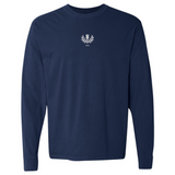 The EMB S&S Activewear Scotland Vintage Long Sleeve Comfort Tee features a navy blue design with a small white Scotland crest and "1971" on the chest.
