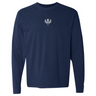 The EMB S&S Activewear Scotland Vintage Long Sleeve Comfort Tee features a navy blue design with a small white Scotland crest and "1971" on the chest.