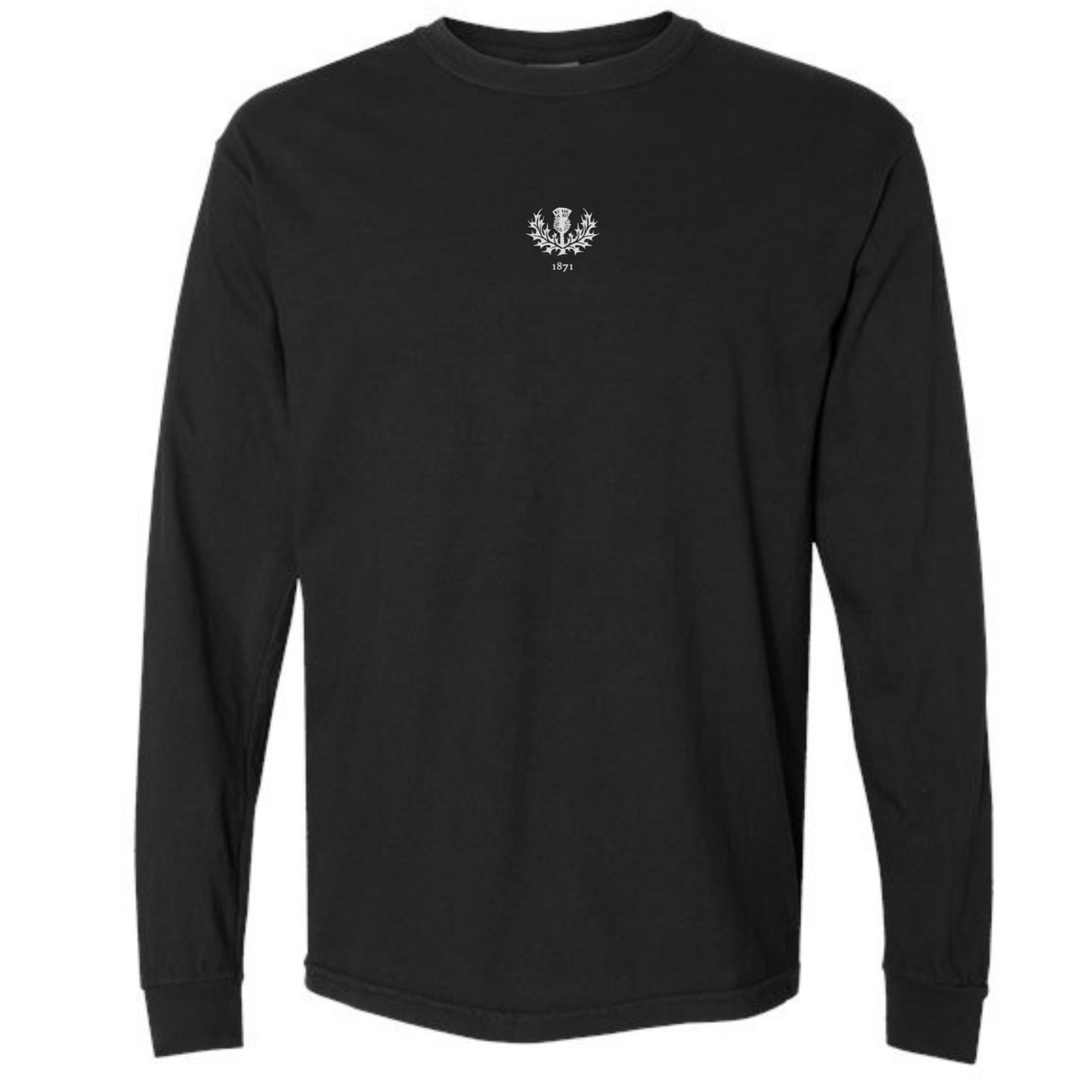 The Scotland Vintage Long Sleeve Comfort Tee by EMB S&S Activewear features a classic black design with a small white laurel wreath and "1974" text on the chest, inspired by vintage Scotland style.