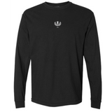 The Scotland Vintage Long Sleeve Comfort Tee by EMB S&S Activewear features a classic black design with a small white laurel wreath and "1974" text on the chest, inspired by vintage Scotland style.
