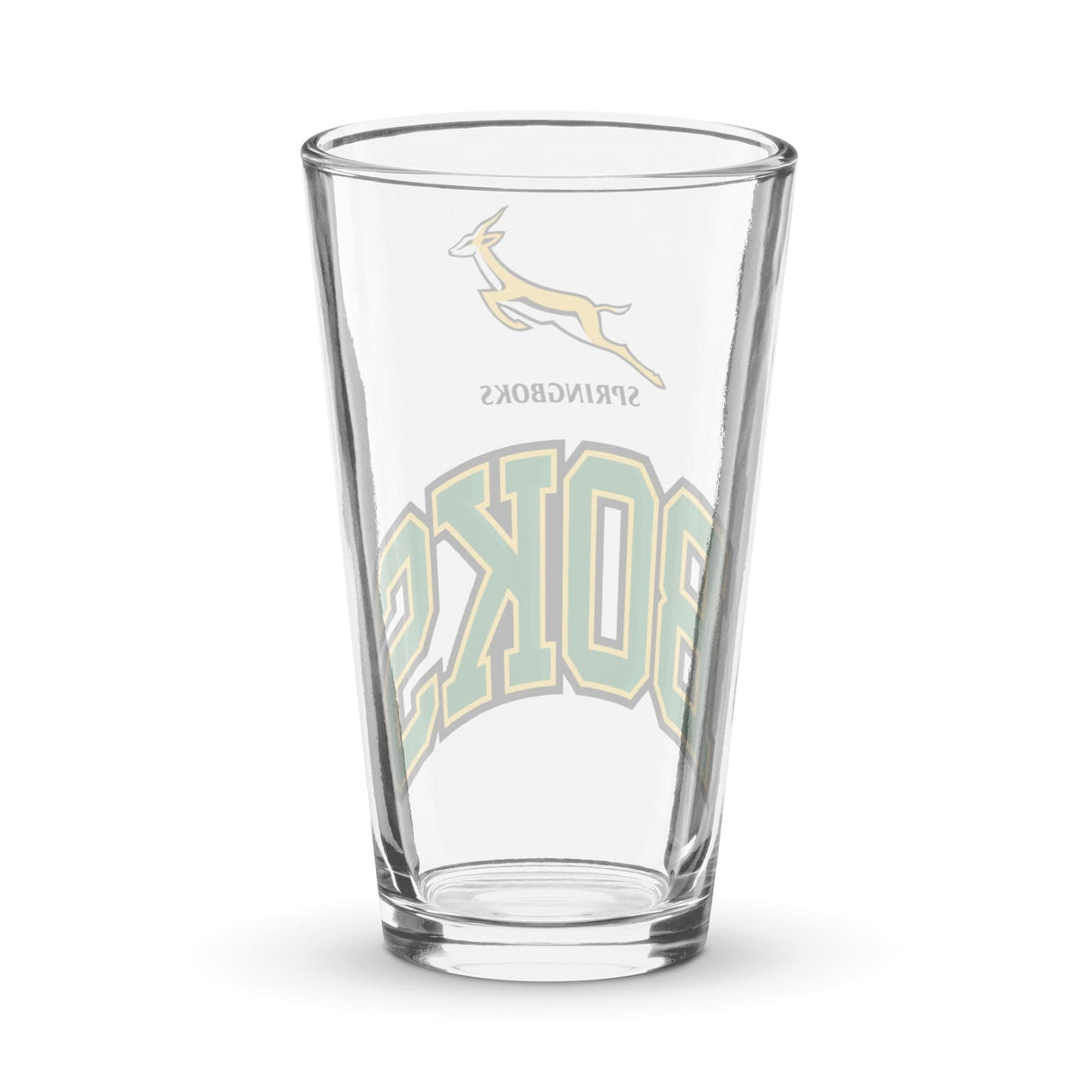A PF LIC BOKS shaker pint glass with the words South African BOKS on it.