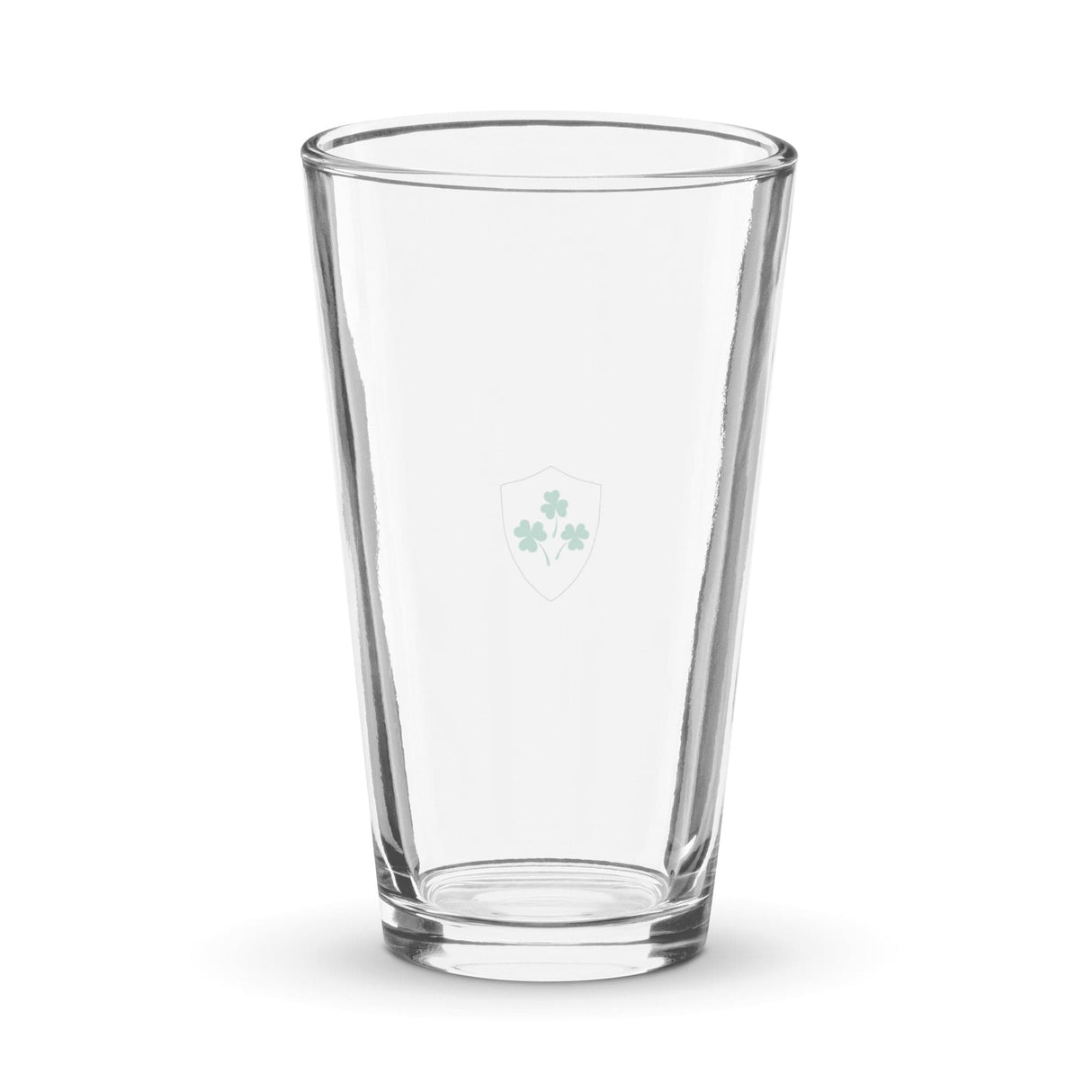 The Ireland Est 1875 Shaker Pint Glass by PF LIC is a clear, empty shaker pint glass adorned with a subtle logo featuring a shield and clover design etched on the front, perfect for any Ireland rugby fan.