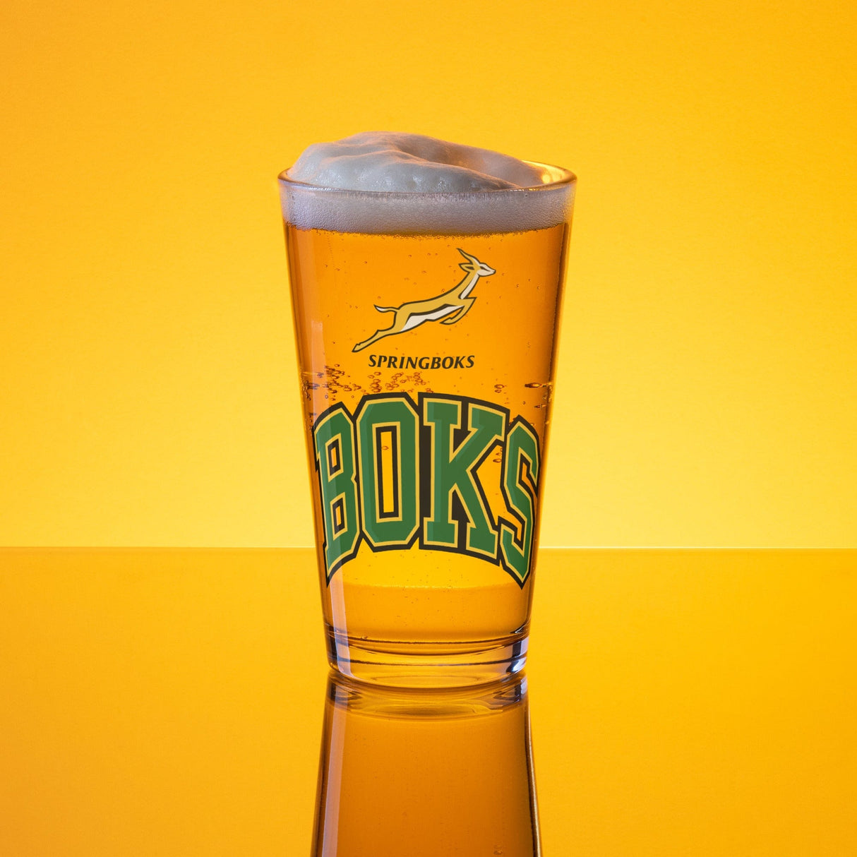 A South African PF LIC shaker pint glass with the word BOKS on it.