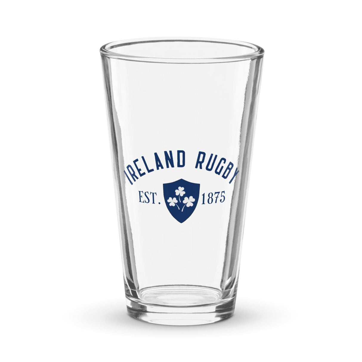 The PF LIC Ireland Est 1875 Navy Shaker Pint Glass is a handmade piece featuring the text "Ireland Rugby Est. 1875" along with a blue emblem adorned with shamrocks.