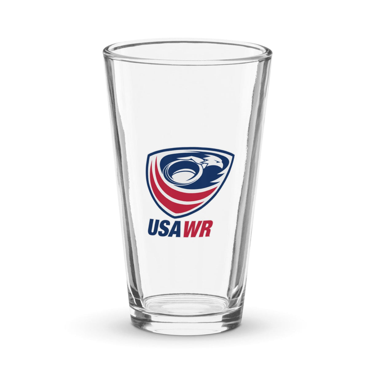 The USA Wheelchair Rugby Shaker Pint Glass by PF LIC, crafted from clear glass and featuring a tapered shape, proudly displays the USA Wheelchair Rugby logo. This dynamic emblem showcases an eagle head in red, white, and blue with "USAWR" text underneath. At 16 oz, it serves as the perfect stylish mixing glass for your favorite beverages.