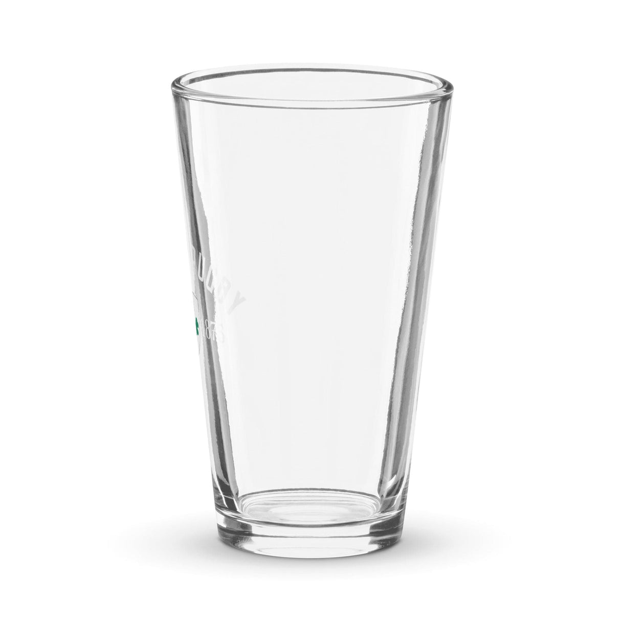 The Ireland Est 1875 Shaker Pint Glass by PF LIC, featuring a slightly tapered shape, is displayed against a white background.