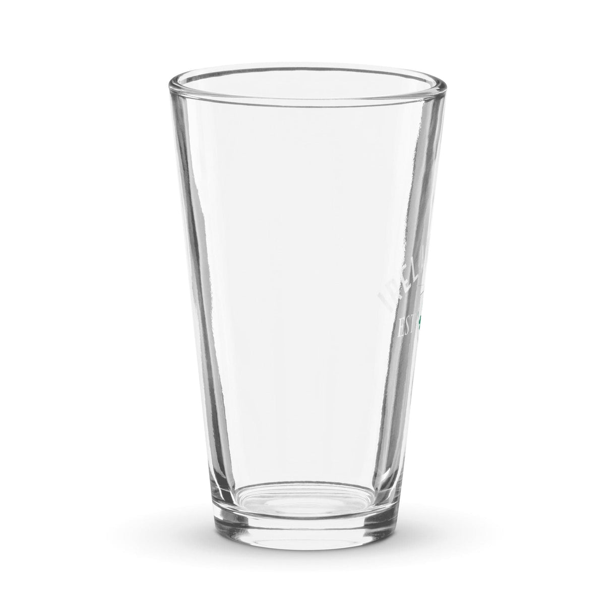 An Ireland Est 1875 Shaker Pint Glass by PF LIC, featuring a clear and slightly tapered cylindrical shape, stands upright against a white background—perfect for any rugby pint glass collection.