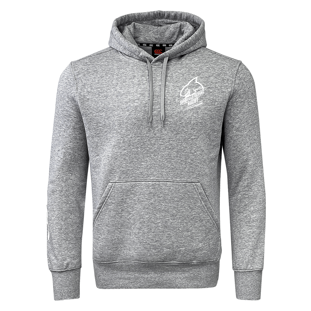 A grey Sandhills Sharks Rugby Canterbury Club Hoodie with a white WRS Canterbury sleeve branding on it.