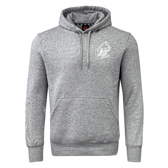 A grey Sandhills Sharks Rugby Canterbury Club Hoodie with a white WRS Canterbury sleeve branding on it.