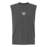 The EMB S&S Activewear Siena College Rugby Unisex Muscle Tee, made from heavyweight dark gray cotton, features “Siena College Rugby” in white and green on the chest and is shown against a white background.