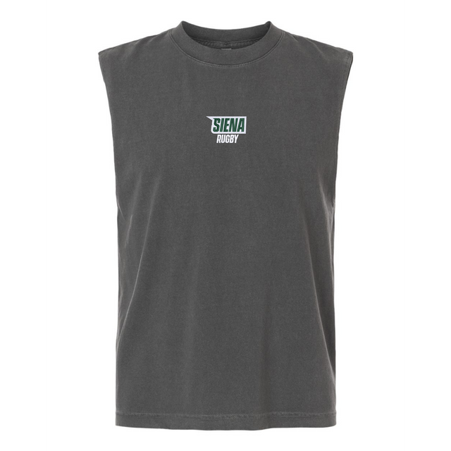 The EMB S&S Activewear Siena College Rugby Unisex Muscle Tee, made from heavyweight dark gray cotton, features “Siena College Rugby” in white and green on the chest and is shown against a white background.