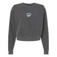 The Women's Siena College Rugby Mid-Length Crewneck Sweatshirt by EMB S&S Activewear is a dark gray, long-sleeve top featuring "Siena Rugby" in white and green across the chest.