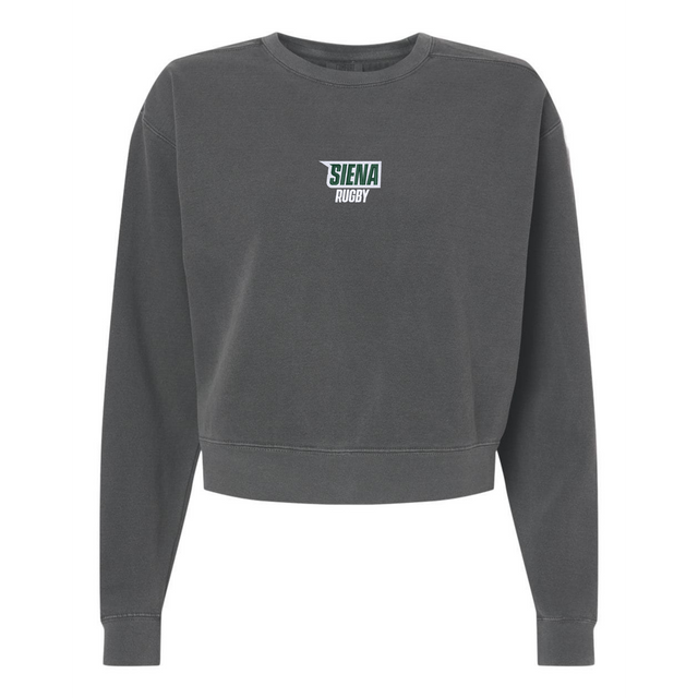 The Women's Siena College Rugby Mid-Length Crewneck Sweatshirt by EMB S&S Activewear is a dark gray, long-sleeve top featuring "Siena Rugby" in white and green across the chest.