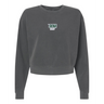 The Women's Siena College Rugby Mid-Length Crewneck Sweatshirt by EMB S&S Activewear is a dark gray, long-sleeve top featuring "Siena Rugby" in white and green across the chest.