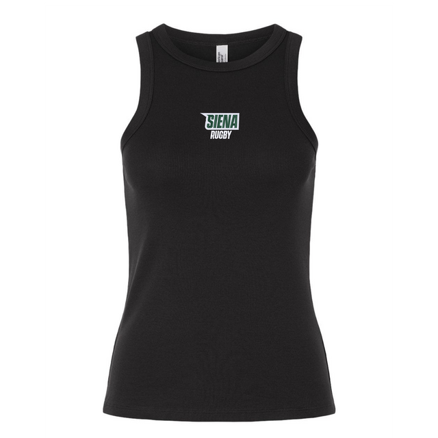 The EMB S&S Activewear Women's Siena College Rugby Baby Rib Tank features a white and green "Siena Rugby" logo on the chest—perfect for showing your team pride.