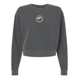 Introducing the Society of Iowa Rugby Referees Women’s Garment-Dyed Mid-Length Crewneck Sweatshirt by EMB S&S Activewear. Crafted from heavyweight fleece for lasting warmth and comfort, this dark gray crewneck features a long-sleeve design and is garment-dyed for a unique finish. A small circular floral emblem is centered on the chest, adding a subtle accent to this cozy staple.