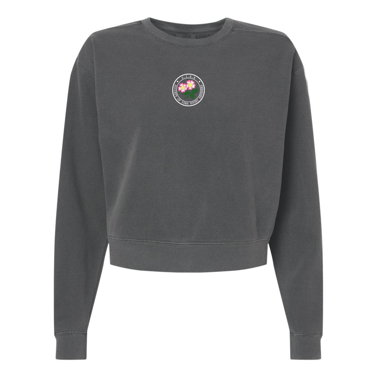 Introducing the Society of Iowa Rugby Referees Women’s Garment-Dyed Mid-Length Crewneck Sweatshirt by EMB S&S Activewear. Crafted from heavyweight fleece for lasting warmth and comfort, this dark gray crewneck features a long-sleeve design and is garment-dyed for a unique finish. A small circular floral emblem is centered on the chest, adding a subtle accent to this cozy staple.