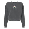 Introducing the Society of Iowa Rugby Referees Women’s Garment-Dyed Mid-Length Crewneck Sweatshirt by EMB S&S Activewear. Crafted from heavyweight fleece for lasting warmth and comfort, this dark gray crewneck features a long-sleeve design and is garment-dyed for a unique finish. A small circular floral emblem is centered on the chest, adding a subtle accent to this cozy staple.