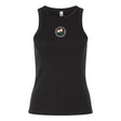 The Society of Iowa Rugby Referees Women’s Baby Rib Tank by EMB S&S Activewear is a black sleeveless top featuring a small circular floral graphic with three pink flowers and green leaves on the chest, offering classic style perfect for any casual look.