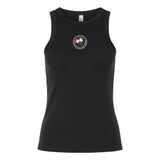 The Society of Iowa Rugby Referees Women’s Baby Rib Tank by EMB S&S Activewear is a black sleeveless top featuring a small circular floral graphic with three pink flowers and green leaves on the chest, offering classic style perfect for any casual look.