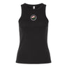 The Society of Iowa Rugby Referees Women’s Baby Rib Tank by EMB S&S Activewear is a black sleeveless top featuring a small circular floral graphic with three pink flowers and green leaves on the chest, offering classic style perfect for any casual look.