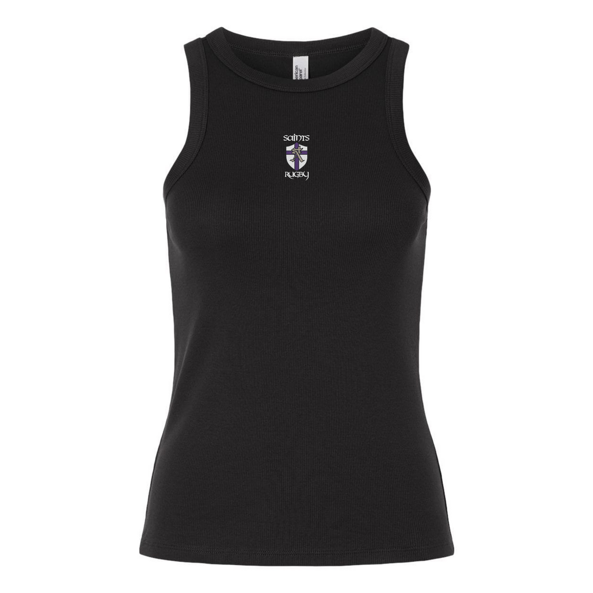 The EMB S&S Activewear Women's St. Augustine High School Rugby Baby Rib Tank is a sleeveless black top with a small “Saints Rugby” logo and crest on the chest—ideal for showing your school pride.