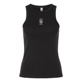 The EMB S&S Activewear Women's St. Augustine High School Rugby Baby Rib Tank is a sleeveless black top with a small “Saints Rugby” logo and crest on the chest—ideal for showing your school pride.