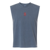 The St. Ignatius Rugby Unisex Muscle Tee by EMB S&S Activewear is a sleeveless blue-gray heavyweight cotton top, garment-dyed and featuring a small red and white "SC RUGBY" chest logo.