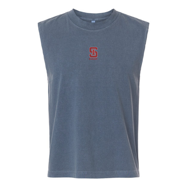The St. Ignatius Rugby Unisex Muscle Tee by EMB S&S Activewear is a sleeveless blue-gray heavyweight cotton top, garment-dyed and featuring a small red and white "SC RUGBY" chest logo.