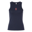 The EMB S&S Activewear Women's St. Ignatius Rugby Baby Rib Tank features a navy blue ribbed design and a small red and white "SD Rugby" logo on the chest, perfect for showing St. Ignatius spirit. Displayed on a plain white background.