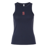 The EMB S&S Activewear Women's St. Ignatius Rugby Baby Rib Tank features a navy blue ribbed design and a small red and white "SD Rugby" logo on the chest, perfect for showing St. Ignatius spirit. Displayed on a plain white background.