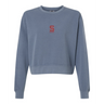 Blue sweatshirt with a red logo on a white background