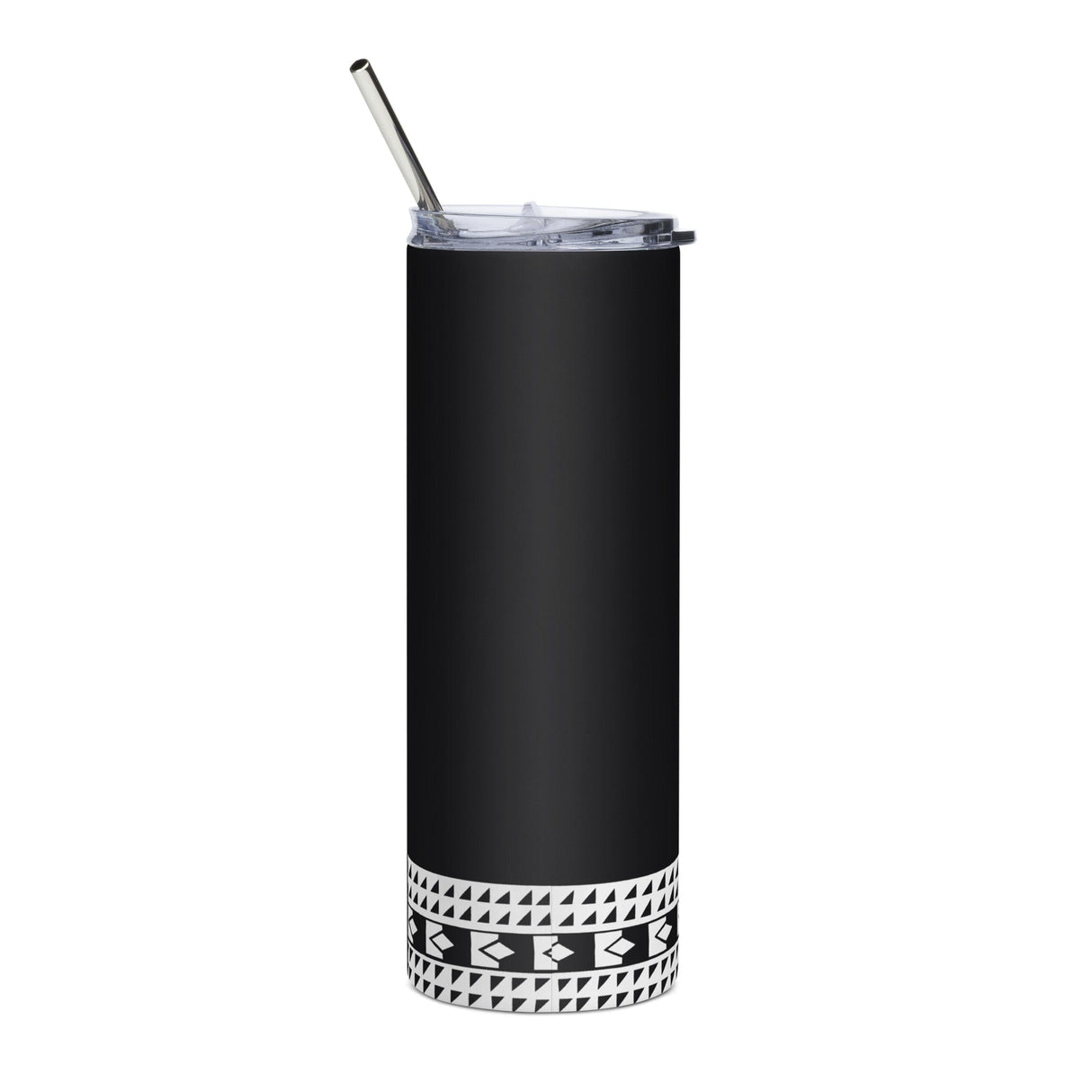 A black and white PF LIC Fiji Throwback Black Stainless Steel Tumbler with a straw featuring a throwback logo.
