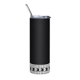 A black and white PF LIC Fiji Throwback Black Stainless Steel Tumbler with a straw featuring a throwback logo.