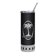 A Fiji Throwback Black Stainless Steel Tumbler with a palm tree on it, showcasing a throwback logo by PF LIC.