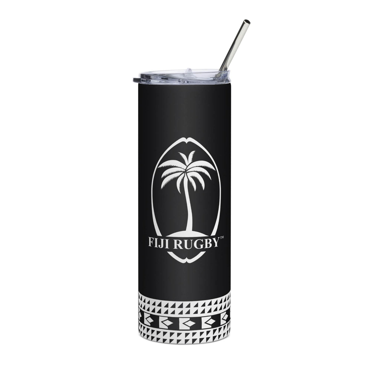 A Fiji Throwback Black Stainless Steel Tumbler with a palm tree on it, showcasing a throwback logo by PF LIC.