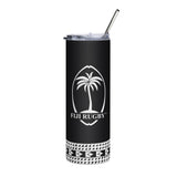 A Fiji Throwback Black Stainless Steel Tumbler with a palm tree on it, showcasing a throwback logo by PF LIC.