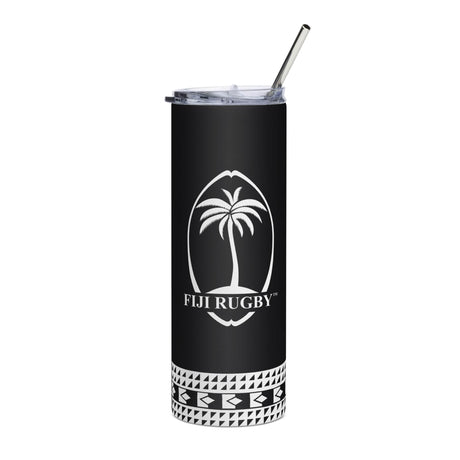 A Fiji Throwback Black Stainless Steel Tumbler with a palm tree on it, showcasing a throwback logo by PF LIC.
