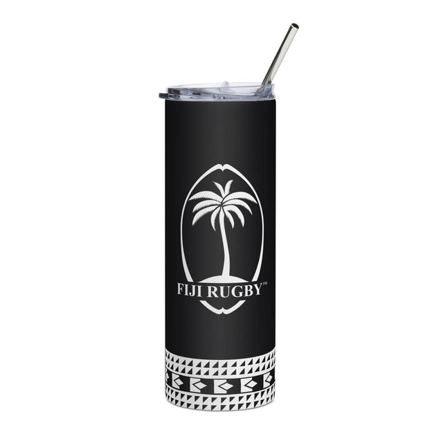 A Fiji Throwback Black Stainless Steel Tumbler with a palm tree on it, showcasing a throwback logo by PF LIC.