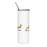 An official Springboks White Stainless Steel Tumbler with a yellow kangaroo on it, by PF LIC.