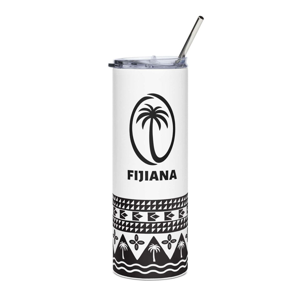 A black and white Fijiana Stainless Steel Tumbler with a palm tree design and a stainless steel straw from PF LIC.