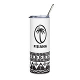 A black and white Fijiana Stainless Steel Tumbler with a palm tree design and a stainless steel straw from PF LIC.