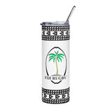 A Fiji Throwback White Stainless Steel Tumbler featuring a stainless steel construction with a palm tree design, made by PF LIC.